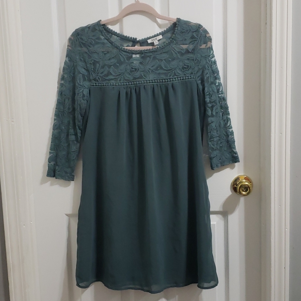Lace Neck Dark Teal Shift Dress 3/4 Sleeve Size M - Picture 1 of 7